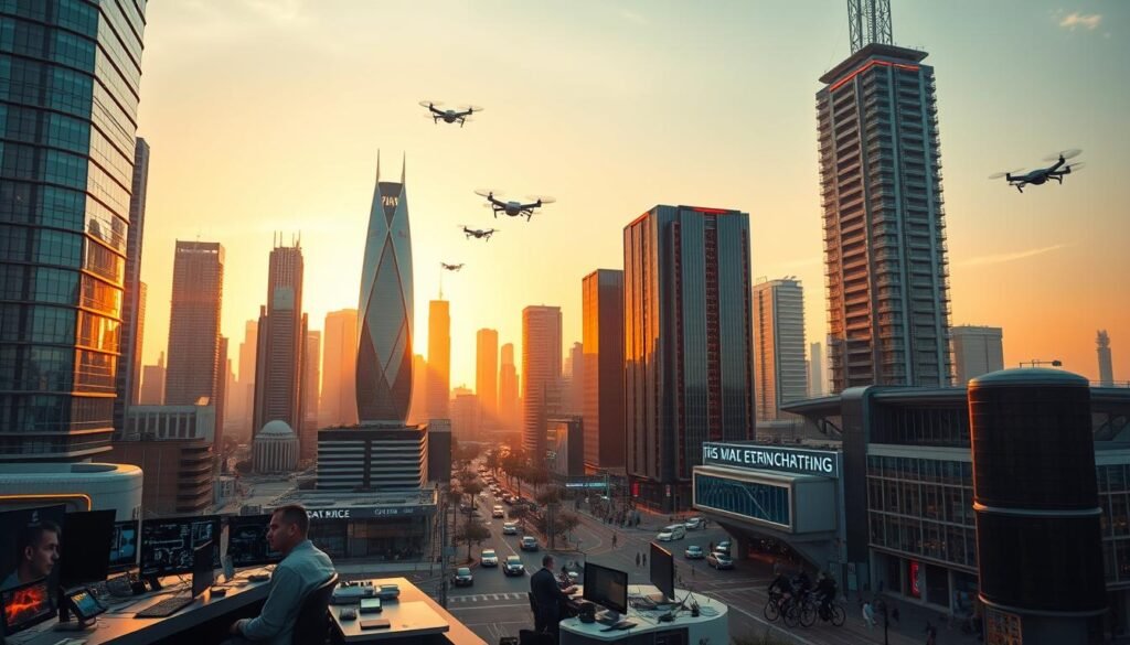 A sleek, futuristic cityscape with towering skyscrapers made of gleaming steel and glass, bathed in the warm glow of sunset. In the foreground, a hub of technological innovation, with workers hunched over their desktops, surrounded by holographic displays and sleek, minimalist gadgets. The middle ground features a bustling street, with self-driving cars and drones buzzing through the air, while in the background, a towering data center stands tall, its servers humming with the energy of the digital age. The scene conveys a sense of progress, efficiency, and the transformative power of technology.