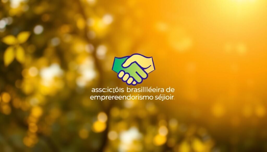 A vibrant and dynamic logo for the Associação Brasileira de Empreendedorismo Sênior, set against a warm, sun-dappled background. The logo features a stylized representation of two hands clasping, symbolizing the collaborative spirit of senior entrepreneurs in Brazil. The composition is framed by a clean, modern design aesthetic, conveying a sense of professionalism and innovation. The lighting is soft and diffused, creating a sense of depth and dimension. The overall mood is one of optimism, unity, and the empowerment of older adults in the entrepreneurial space.