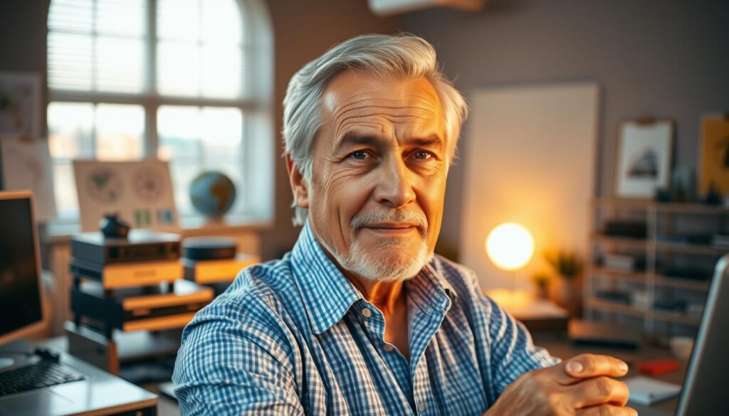 A vibrant and dynamic scene of an experienced, senior entrepreneur passionately engaged in their craft. In the foreground, a confident individual, silver-haired and poised, surrounded by a warm, natural lighting that accentuates the determination in their expression. In the middle ground, an array of modern technological devices and tools, reflecting the savvy and adaptability of this seasoned business leader. The background features a serene, minimalist office space, hinting at the seasoned wisdom and focus that drive this senior entrepreneur's success. The overall mood is one of empowerment, experience, and the newfound purpose that can emerge in the later stages of life. A vibrant and dynamic scene of an experienced, senior entrepreneur passionately engaged in their craft. In the foreground, a confident individual, silver-haired and poised, surrounded by a warm, natural lighting that accentuates the determination in their expression. In the middle ground, an array of modern technological devices and tools, reflecting the savvy and adaptability of this seasoned business leader. The background features a serene, minimalist office space, hinting at the seasoned wisdom and focus that drive this senior entrepreneur's success. The overall mood is one of empowerment, experience, and the newfound purpose that can emerge in the later stages of life.