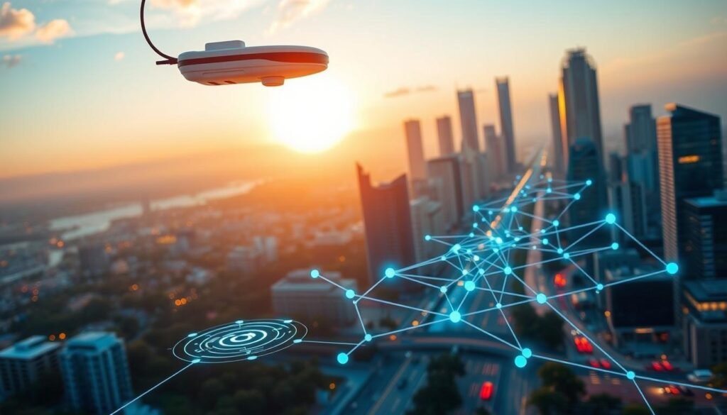 A vibrant landscape depicting the harmonious intersection of technology, healthcare, and business. In the foreground, a sleek, futuristic medical device hovers above a stylized digital interface, conveying the integration of cutting-edge tech and patient-centric healthcare. In the middle ground, a dynamic network of interconnected nodes and data streams symbolize the seamless flow of information, powering innovative business solutions. The background features a cityscape of gleaming skyscrapers and bustling streets, representing the thriving urban landscape where these advancements take shape. Warm, directional lighting casts a sense of optimism and progress, while a subtle haze suggests the evolving nature of this technological revolution. The overall composition exudes a balance of sophistication, dynamism, and the promise of a future where technology, health, and commerce converge.