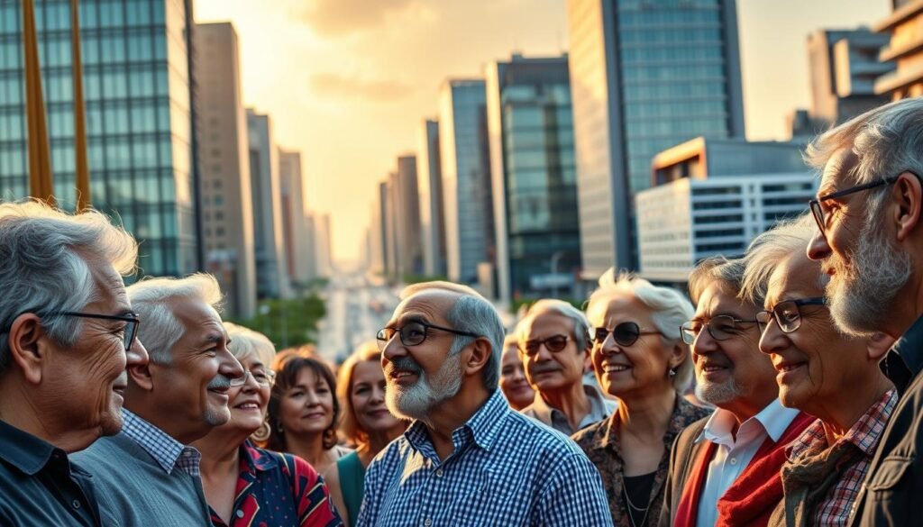 A vibrant scene of senior Brazilian entrepreneurs, set against the backdrop of a bustling urban landscape. In the foreground, a diverse group of men and women, some with greying hair and distinguished features, engage in animated discussions, sharing ideas and experiences. Their faces reflect a sense of wisdom and determination, radiating the spirit of "empreendedorismo sênior". The middle ground showcases the modern cityscape, with sleek high-rise buildings and bustling streets, symbolizing the dynamic environment in which these senior entrepreneurs thrive. Warm, golden lighting casts a glow over the scene, evoking a sense of optimism and opportunity. The overall atmosphere conveys the current state of senior entrepreneurship in Brazil - a thriving, inspiring, and transformative landscape.