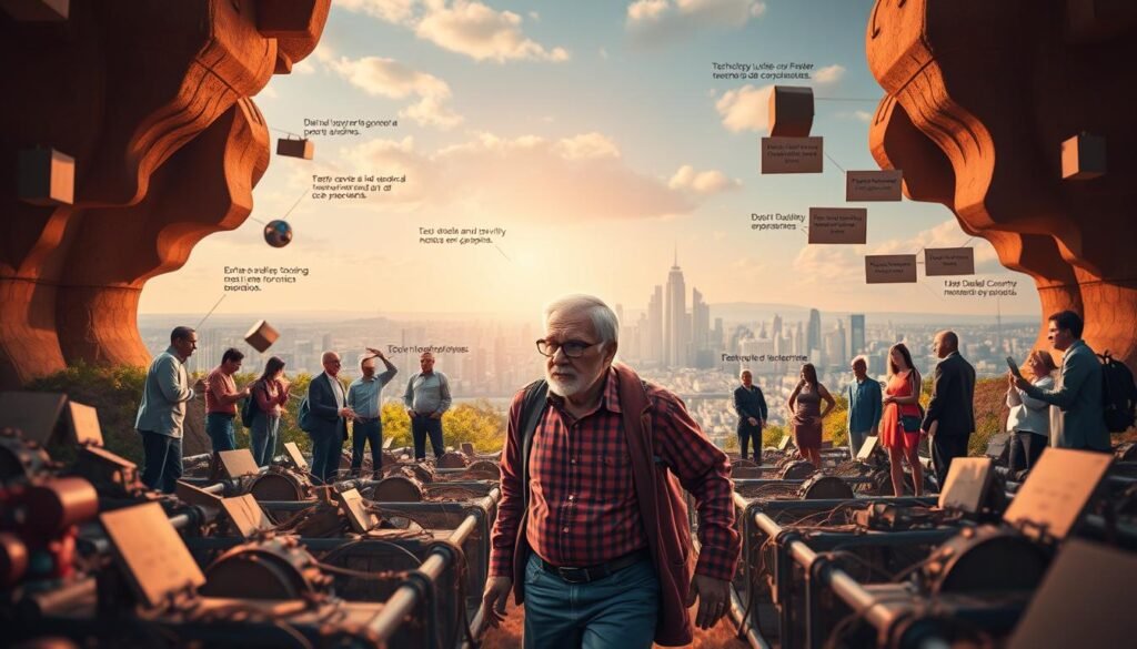 A vibrant tableau depicting the challenges of productive longevity. In the foreground, a determined senior entrepreneur navigates a maze of obstacles, such as technology hurdles, financial concerns, and shifting market dynamics. The middle ground showcases a diverse group of mentors and peers offering guidance and support. In the background, a panoramic view of a bustling city skyline, symbolizing the dynamic entrepreneurial landscape. Warm lighting casts a hopeful glow, underscoring the resilience and adaptability required to thrive in this stage of life. The composition strikes a balance between the individual's journey and the broader societal context, capturing the essence of the "Desafios da Longevidade Produtiva".