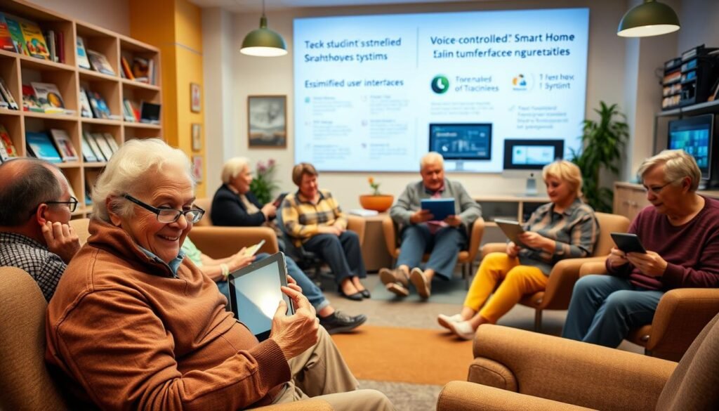A vibrant, well-lit room filled with seniors comfortably using a variety of accessible tech devices. In the foreground, an elderly person smiles as they navigate a large-print tablet, while others in the middle ground engage with voice-controlled smart home systems and ergonomic keyboards. The background showcases shelves of helpful guides and tutorials, as well as an informative display demonstrating simplified user interfaces. The overall atmosphere is one of empowerment, where the latest technologies seamlessly integrate into the lives of the older generation, enabling them to stay connected, independent, and technologically savvy.