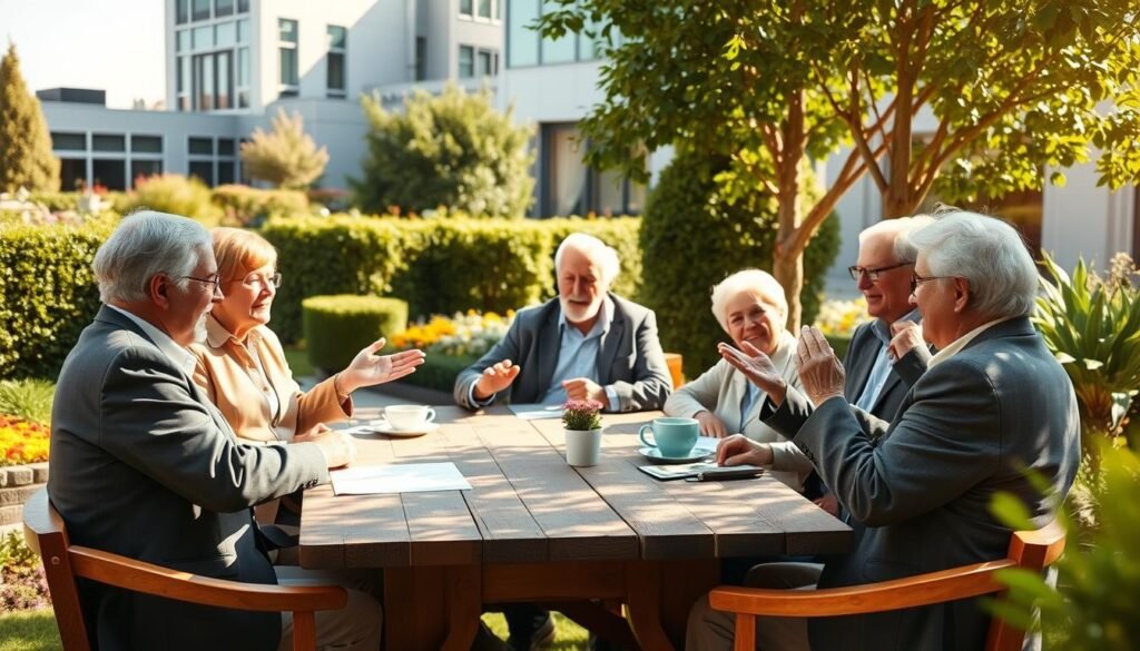 A warm, sun-dappled outdoor scene featuring a group of active, engaged senior citizens engaged in a marketing brainstorming session. In the foreground, a team of well-dressed older adults sit around a rustic wooden table, gesturing animatedly as they discuss marketing strategies. The middle ground shows a lush garden setting with colorful flowers and hedges, creating a serene and relaxing atmosphere. In the background, a modern office building can be seen, hinting at the professional context. The lighting is soft and flattering, creating a sense of energy and positivity. The overall mood is one of vibrant, productive collaboration among experienced, thoughtful individuals.