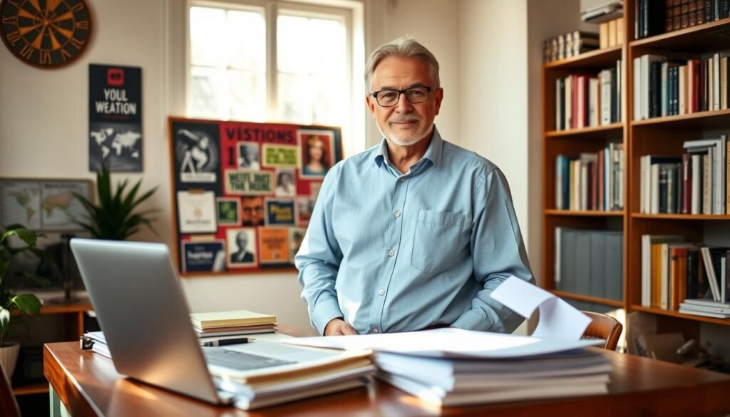 A well-seasoned entrepreneur in their 50s, standing confidently in a sunlit home office, surrounded by the tools of their trade. In the foreground, a sleek laptop and a stack of business documents, hinting at the wealth of experience and expertise they bring to their new venture. The middle ground features a motivational vision board, its vibrant colors and inspiring imagery reflecting the boundless energy and determination of this seasoned professional. In the background, a bookshelf filled with industry-relevant tomes, a testament to their lifelong commitment to learning and growth. The overall scene conveys a sense of confidence, purpose, and the excitement of embarking on a new chapter in one's entrepreneurial journey.
