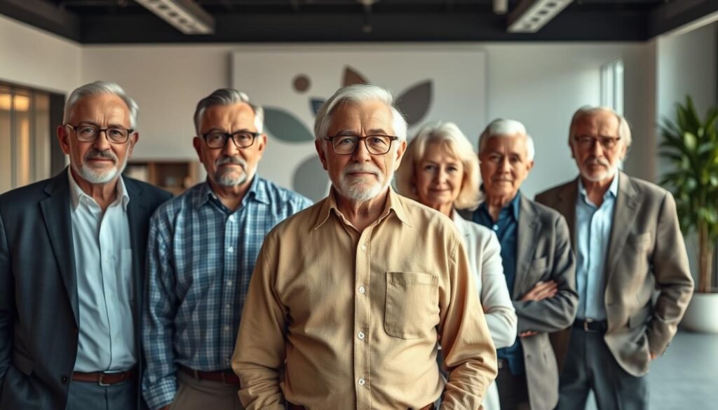 Elderly entrepreneurs standing tall, their faces etched with the wisdom of decades. A well-lit office setting, with sleek, modern furnishings and a hint of professional sophistication. In the foreground, a diverse group of senior individuals, their expressions determined and resolute, embodying the spirit of reinvention and the pursuit of new challenges. The middle ground features a backdrop of abstract shapes and patterns, symbolizing the innovative ideas and strategies they bring to the table. The overall atmosphere conveys a sense of confidence, experience, and the endless possibilities that come with embracing a new chapter in life.