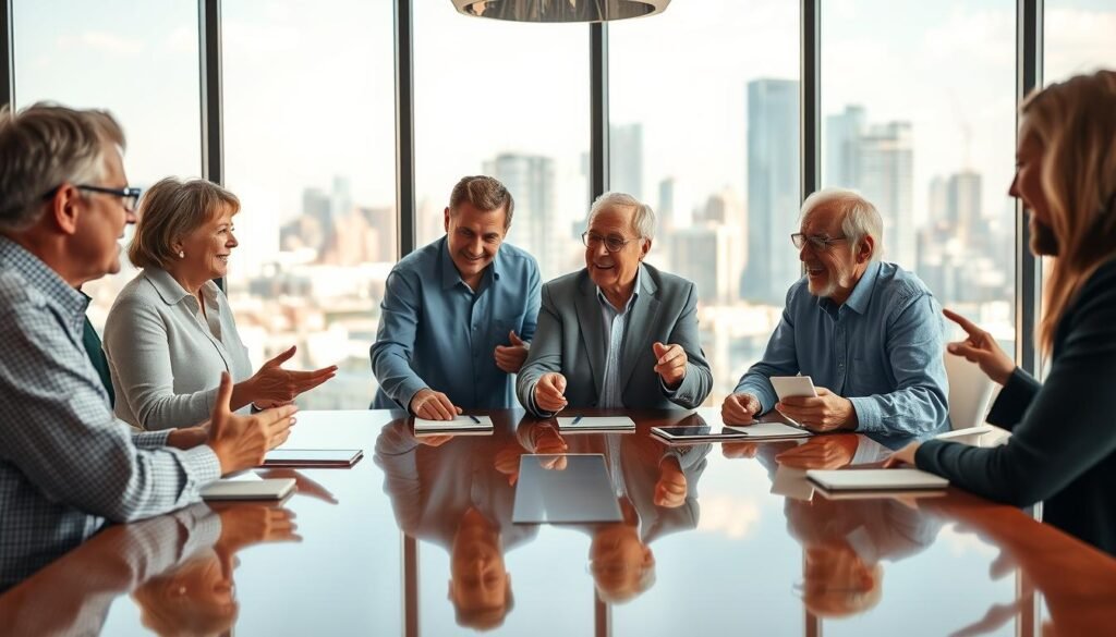 A bustling modern office setting, with a diverse group of senior entrepreneurs engaged in animated discussion around a large, polished conference table. The lighting is warm and natural, filtering through large windows that provide a view of a thriving cityscape in the background. In the foreground, the senior entrepreneurs are leaning in, exchanging business cards, and gesturing excitedly as they build their professional network - the "rede contatos" or 'contact network' that is so crucial to their success. The mood is one of collaboration, experience, and a shared sense of purpose as they navigate the challenges and opportunities of senior entrepreneurship.