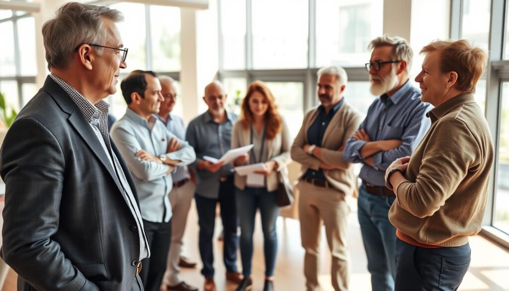 A group of senior entrepreneurs gathered in a modern, well-lit office space, engaged in a dynamic discussion. In the foreground, an older man in a smart casual outfit gestures animatedly, while his colleagues nod in agreement. The middle ground features a diverse team of men and women, some taking notes, others sharing ideas. The background showcases the open-plan layout, with floor-to-ceiling windows allowing natural light to flood the room. A sense of collaboration, experience, and entrepreneurial spirit pervades the scene, capturing the essence of ABESENIOR's successful senior entrepreneurs.