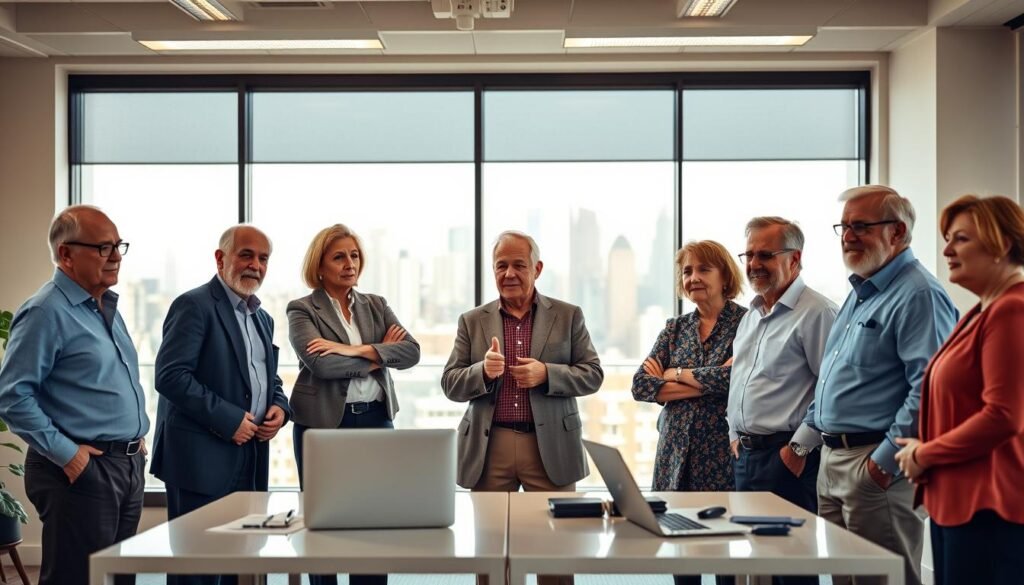 A group of vibrant, dynamic senior entrepreneurs, 65 years and older, standing confidently in a modern, well-lit office setting. The foreground features their engaged, determined expressions as they discuss their latest business plans. In the middle ground, sleek desks and laptops suggest a technologically-savvy workspace, while the background showcases large windows overlooking a bustling city skyline, symbolizing their drive and vision. Soft, warm lighting casts a sense of energy and positivity, highlighting the seniors' vitality and entrepreneurial spirit. The overall scene conveys the benefits of longevity and the empowering possibilities of embarking on new business ventures later in life.