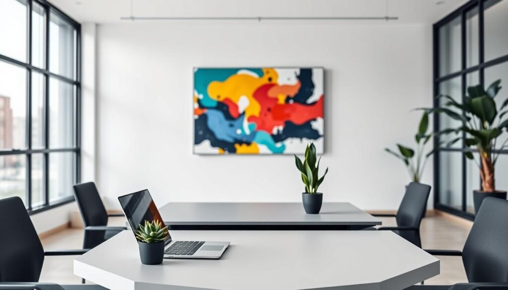A modern, minimalist office setting with an emphasis on innovation and efficiency. In the foreground, a sleek, geometric desk with a laptop, pen, and a potted succulent, symbolizing a streamlined, digital-first workflow. The middle ground features an abstract wall art piece in bold, vibrant colors, hinting at the creative energy that fuels business innovation. The background showcases floor-to-ceiling windows, allowing natural light to flood the space and create a sense of openness and possibility. The overall mood is one of simplicity, sophistication, and a forward-thinking approach to business.