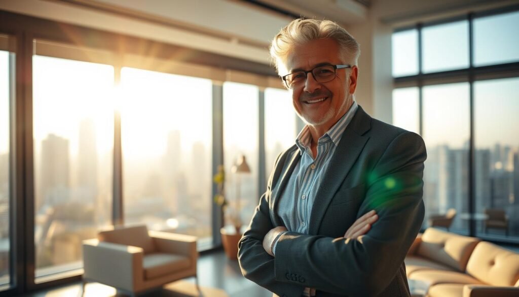 A senior entrepreneur in Brazil, standing confidently in a well-lit office, surrounded by modern furniture and large windows overlooking a bustling cityscape. The sun casts warm, golden light, creating a sense of optimism and opportunity. The entrepreneur, dressed in professional attire, exudes an air of experience and determination, embodying the resilience and adaptability required for a successful mature business venture. Subtle details, such as a tablet or laptop, suggest the integration of technology in their entrepreneurial approach. The overall scene conveys the empowering potential of senior entrepreneurship in the Brazilian context.