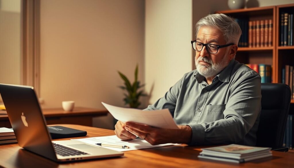 A senior entrepreneur seated at a desk, reviewing financial documents under warm, directional lighting. The desktop is neatly organized, with a laptop, pen, and a stack of papers. The background features a bookshelf with volumes on business and finance. The entrepreneur appears focused, their expression conveying a sense of experience and confidence as they navigate the financial aspects of their venture. The lighting casts subtle shadows, adding depth and dimension to the scene. The overall atmosphere reflects the subject's expertise and the importance of financial support for seasoned entrepreneurs.