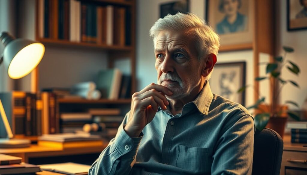 A serene and contemplative senior entrepreneur sits in a cozy home office, deep in thought. Soft, warm lighting illuminates the scene, casting a glow on their weathered yet determined face. Surrounding them are symbols of their experience and wisdom - a bookshelf filled with tomes, a well-worn desk, and a potted plant, reflecting the growth and resilience that comes with age. The composition is balanced, with the entrepreneur positioned centrally, conveying a sense of confidence and authority. The mood is one of introspection and focus, suggesting the careful consideration of strategies to navigate the challenges of senior entrepreneurship.