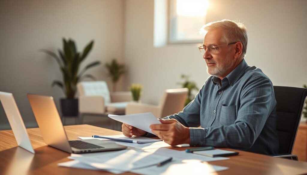 A serene, contemplative scene depicting a senior person actively engaged in planning their entrepreneurial journey. The foreground features a mature individual, dressed in casual but polished attire, sitting at a desk and intently studying a neatly arranged array of notes, documents, and a laptop. Warm, natural lighting filters in through a window, casting a soft glow and creating subtle shadows that accentuate the thoughtful expression on the person's face. The middle ground showcases a minimalist, clean-lined office space, with sleek furniture and a few potted plants, conveying a sense of focus and organization. The background subtly blurs into a calming, neutral palette, allowing the viewer to concentrate on the subject's contemplative pose and the planning process unfolding before them. The overall mood is one of confidence, intention, and a mature, well-considered approach to a new entrepreneurial venture. A serene, contemplative scene depicting a senior person actively engaged in planning their entrepreneurial journey. The foreground features a mature individual, dressed in casual but polished attire, sitting at a desk and intently studying a neatly arranged array of notes, documents, and a laptop. Warm, natural lighting filters in through a window, casting a soft glow and creating subtle shadows that accentuate the thoughtful expression on the person's face. The middle ground showcases a minimalist, clean-lined office space, with sleek furniture and a few potted plants, conveying a sense of focus and organization. The background subtly blurs into a calming, neutral palette, allowing the viewer to concentrate on the subject's contemplative pose and the planning process unfolding before them. The overall mood is one of confidence, intention, and a mature, well-considered approach to a new entrepreneurial venture.