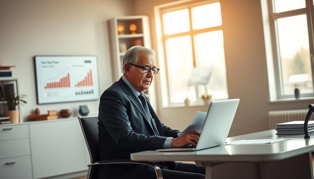 A serene, well-lit office space, bathed in warm, natural light filtering through large windows. In the foreground, an older businessman in a crisp, tailored suit sits at a sleek, modern desk, intently reviewing documents on his laptop. His expression is one of focused determination, reflecting a lifetime of experience and expertise. In the middle ground, a wall-mounted display showcases graphs and charts, visualizing data that highlights the success and growth of his enterprise. The background features shelves lined with books and awards, a testament to his distinguished career and the wisdom he has accumulated over the years. The overall atmosphere conveys a sense of productive longevity, where experience, innovation, and purpose harmoniously converge.