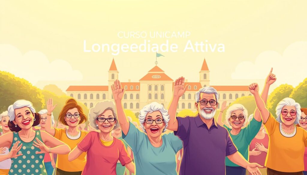 A vibrant and lively illustration depicting the "Curso UNICAMP Longevidade Ativa" program. In the foreground, a group of active, engaged senior adults participate in various wellness activities such as yoga, Tai Chi, or group exercises, their faces exuding a sense of energy and vitality. In the middle ground, the iconic UNICAMP campus buildings serve as a backdrop, subtly conveying the academic institution's involvement in this innovative longevity initiative. The scene is bathed in warm, golden lighting, creating an atmosphere of positivity and optimism, reflecting the program's mission to empower seniors and promote active, healthy aging. The overall composition captures the spirit of the "Curso UNICAMP Longevidade Ativa" and its role in fostering a vibrant, engaged senior community. A vibrant and lively illustration depicting the "Curso UNICAMP Longevidade Ativa" program. In the foreground, a group of active, engaged senior adults participate in various wellness activities such as yoga, Tai Chi, or group exercises, their faces exuding a sense of energy and vitality. In the middle ground, the iconic UNICAMP campus buildings serve as a backdrop, subtly conveying the academic institution's involvement in this innovative longevity initiative. The scene is bathed in warm, golden lighting, creating an atmosphere of positivity and optimism, reflecting the program's mission to empower seniors and promote active, healthy aging. The overall composition captures the spirit of the "Curso UNICAMP Longevidade Ativa" and its role in fostering a vibrant, engaged senior community.