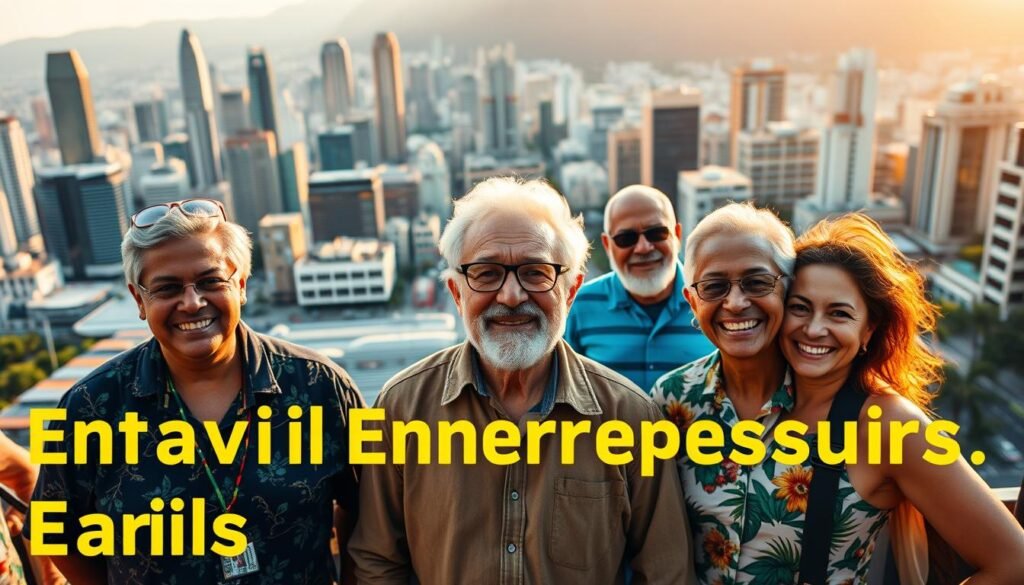 A vibrant, dynamic scene of inspiring Brazilian entrepreneurship stories. In the foreground, a group of confident, accomplished seniors proudly sharing their business ventures, expressions beaming with pride and determination. The middle ground features a bustling urban landscape, reflecting the dynamic entrepreneurial spirit of Brazil, with skyscrapers, colorful buildings, and busy streets. The background is bathed in warm, golden sunlight, conveying a sense of optimism and success. The lighting is natural and diffused, creating a soft, inviting atmosphere. The overall composition captures the essence of senior entrepreneurship in Brazil - resilient, innovative, and inspiring.