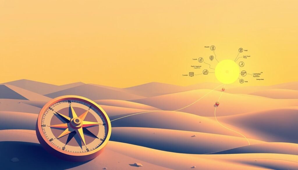A vibrant illustration of a career roadmap, depicting the practical steps for senior entrepreneurs to navigate the challenges and solutions of their entrepreneurial journey. In the foreground, a large compass symbolizes the guiding path, its needle pointing towards a horizon filled with diverse icons representing different business milestones, from market research and product development to customer acquisition and first sales. The middle ground features a detailed flowchart, with interconnected nodes outlining the key stages of the entrepreneurial process. The background showcases a serene, minimalist landscape, allowing the roadmap elements to take center stage. Warm, soft lighting casts a sense of approachability and accessibility, inviting the viewer to embark on this empowering entrepreneurial adventure.