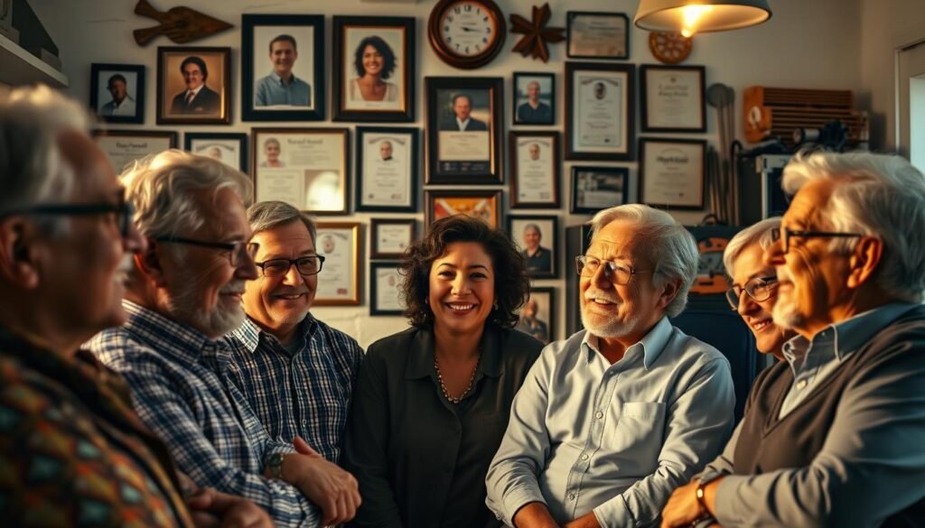 A vibrant scene of senior entrepreneurial success stories, captured through a cinematic lens. In the foreground, a group of diverse, experienced individuals animatedly discuss their journeys, their faces lit by warm, golden lighting that casts a sense of wisdom and accomplishment. In the middle ground, a collage of framed portraits and award certificates adorns the walls, highlighting the achievements of these remarkable entrepreneurs. The background is softly blurred, suggesting a cozy, collaborative workspace filled with the tools of their trade. The overall atmosphere exudes a palpable air of inspiration, resilience, and the valuable lessons learned through a lifetime of enterprising endeavors.