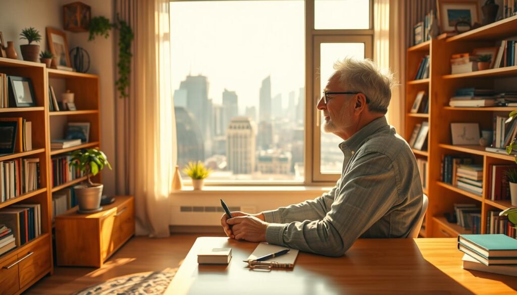 A vibrant, sunlit scene of an older adult entrepreneur brainstorming business ideas in a cozy home office. Warm wooden furniture and shelves filled with books and decorative trinkets set a welcoming, intellectual tone. The protagonist, a silver-haired person in their 60s, sits at a sleek, minimalist desk, pen in hand, gazing thoughtfully out a large window overlooking a bustling city skyline. Soft, directional lighting illuminates their face, conveying a sense of inspiration and possibility. The overall mood is one of quiet contemplation and optimism, reflecting the opportunities available to the aging population in the current business landscape.