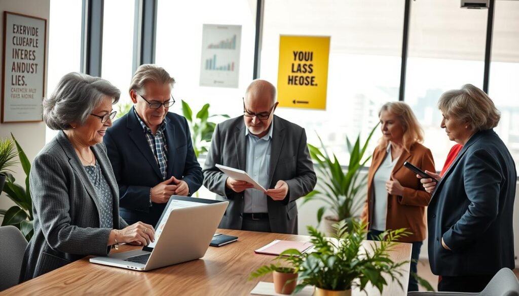 A diverse group of senior entrepreneurs collaboratively discussing business ideas in a modern, well-lit office environment. In the foreground, a confident elderly woman with gray hair styled elegantly, wearing professional attire, gestures toward a laptop displaying graphs. Beside her, a distinguished man in a smart blazer, attentively taking notes, appears engaged. In the middle ground, a cozy meeting table surrounded by vibrant plants and motivational posters reflects creativity and innovation. The background showcases a large window with a cityscape view, symbolizing opportunity. Soft, natural lighting filters through, creating an inspiring and inviting atmosphere. The overall mood is dynamic and forward-thinking, embodying the spirit of senior entrepreneurship in Brazil.