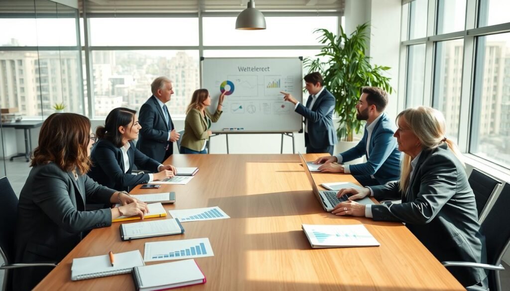 A senior entrepreneur, a thoughtful older man in a professional suit, is seated at a modern conference table, surrounded by diverse colleagues of varying ages and backgrounds, engaged in a lively brainstorming session. The foreground features notebooks and laptops with graphs showcasing growth strategies. In the middle ground, the team collaborates, pointing at a whiteboard filled with charts and symbols of innovation. The background showcases a bright, well-lit office with large windows, allowing natural light to flood the space, symbolizing optimism. The atmosphere is dynamic and collaborative, with a focus on determination and shared ideas. Soft shadows enhance the warm ambiance, conveying a sense of purpose and focus on overcoming challenges in senior entrepreneurship.